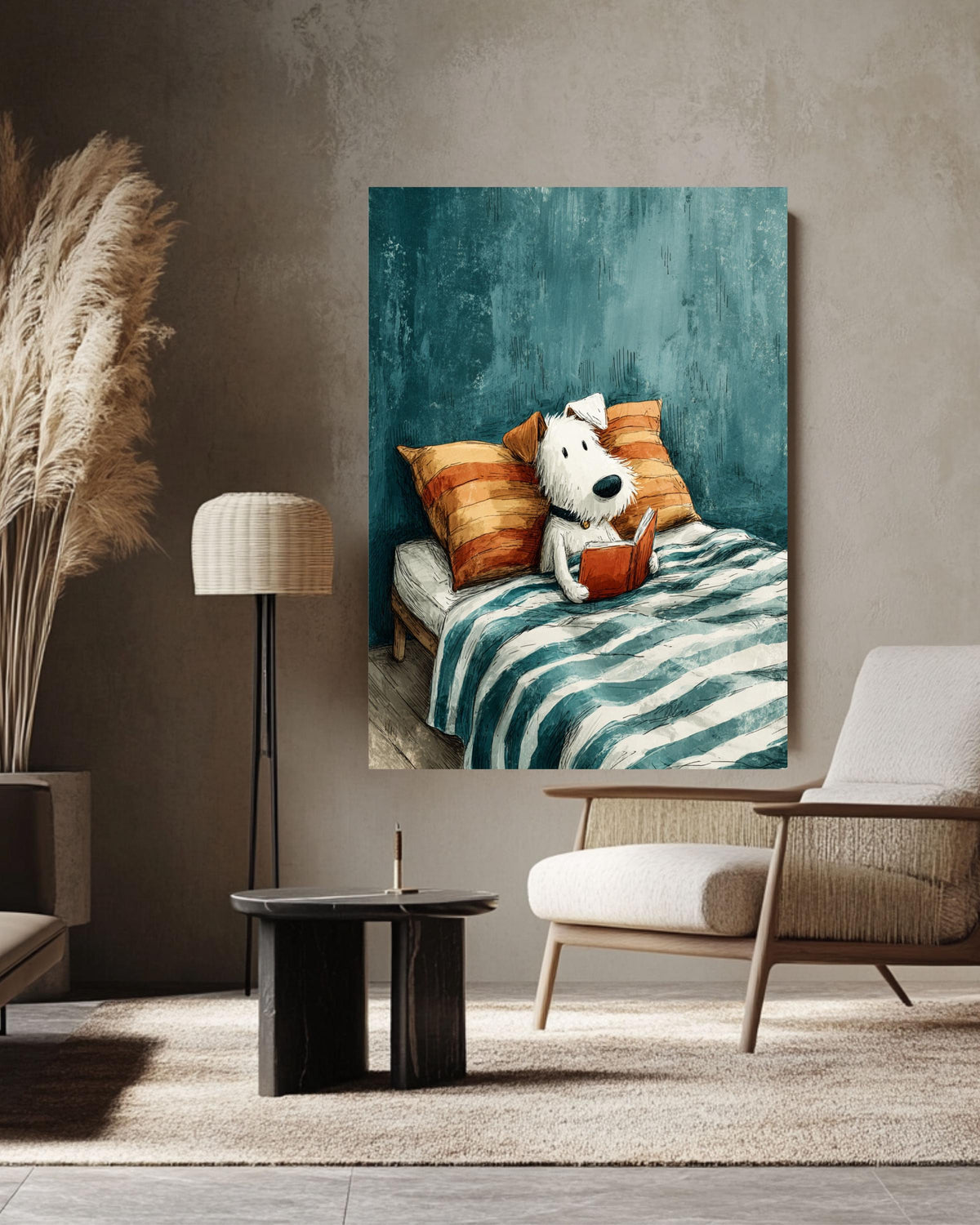 Cute Dog Reading Book Canvas Print, Cozy Kids Room Art, Whimsical Animal Illustration, Blue Orange Bedroom Decor