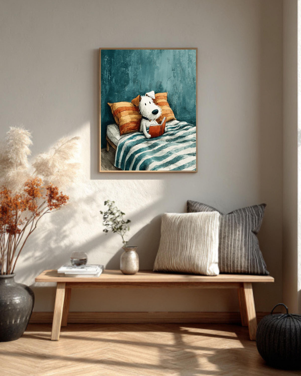 Cute Dog Reading Book Canvas Print, Cozy Kids Room Art, Whimsical Animal Illustration, Blue Orange Bedroom Decor