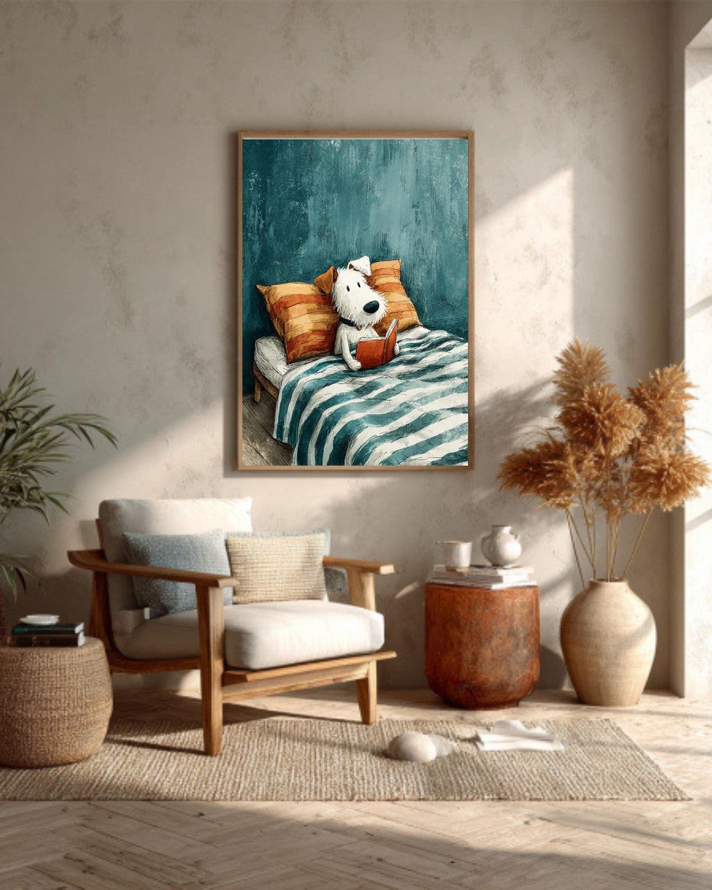 Cute Dog Reading Book Canvas Print, Cozy Kids Room Art, Whimsical Animal Illustration, Blue Orange Bedroom Decor