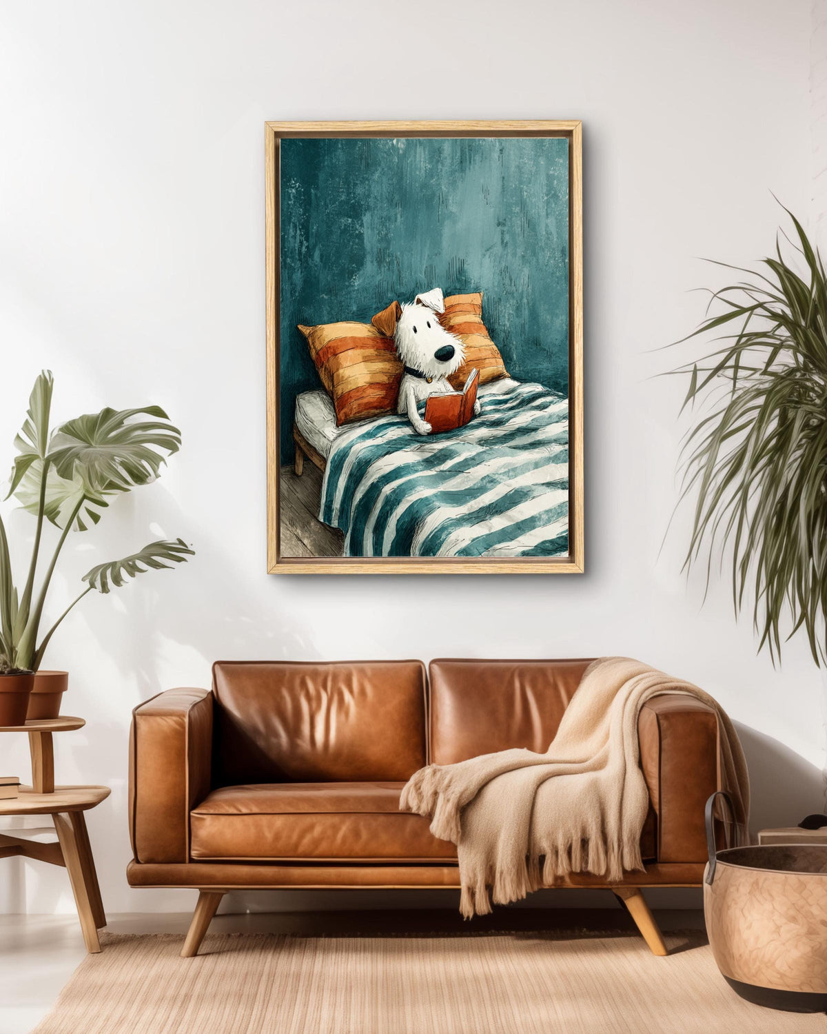Cute Dog Reading Book Canvas Print, Cozy Kids Room Art, Whimsical Animal Illustration, Blue Orange Bedroom Decor