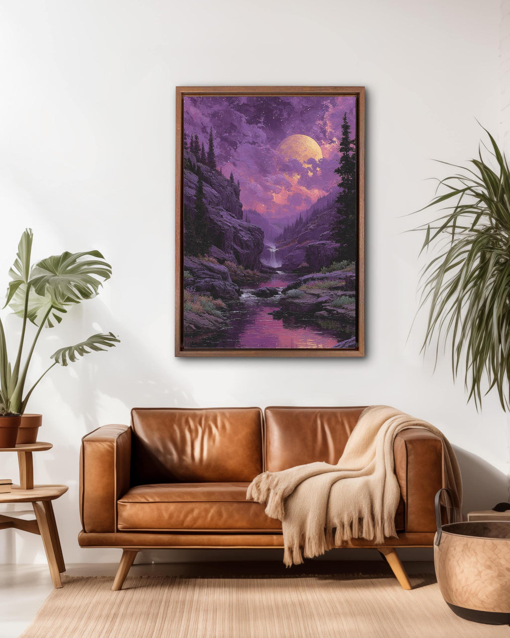 Purple Moonlit Waterfall Landscape Wall Art, Dreamy Night Sky River Valley Poster Canvas, Mystical Aurora Wall Decor