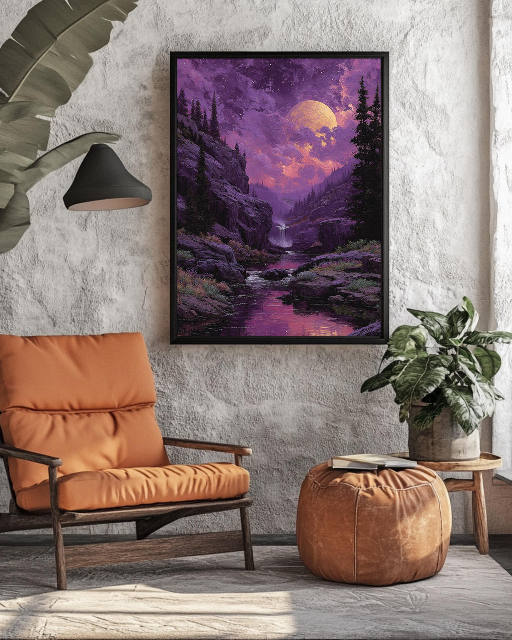 Purple Moonlit Waterfall Landscape Wall Art, Dreamy Night Sky River Valley Poster Canvas, Mystical Aurora Wall Decor