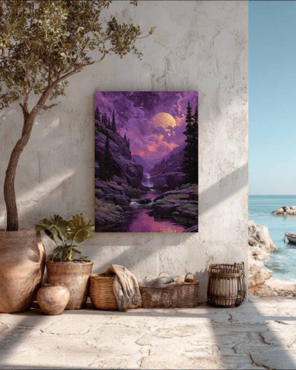 Purple Moonlit Waterfall Landscape Wall Art, Dreamy Night Sky River Valley Poster Canvas, Mystical Aurora Wall Decor