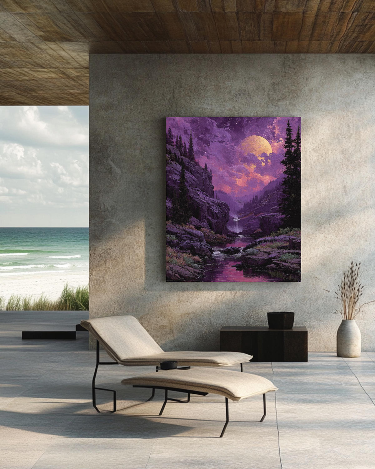Purple Moonlit Waterfall Landscape Wall Art, Dreamy Night Sky River Valley Poster Canvas, Mystical Aurora Wall Decor