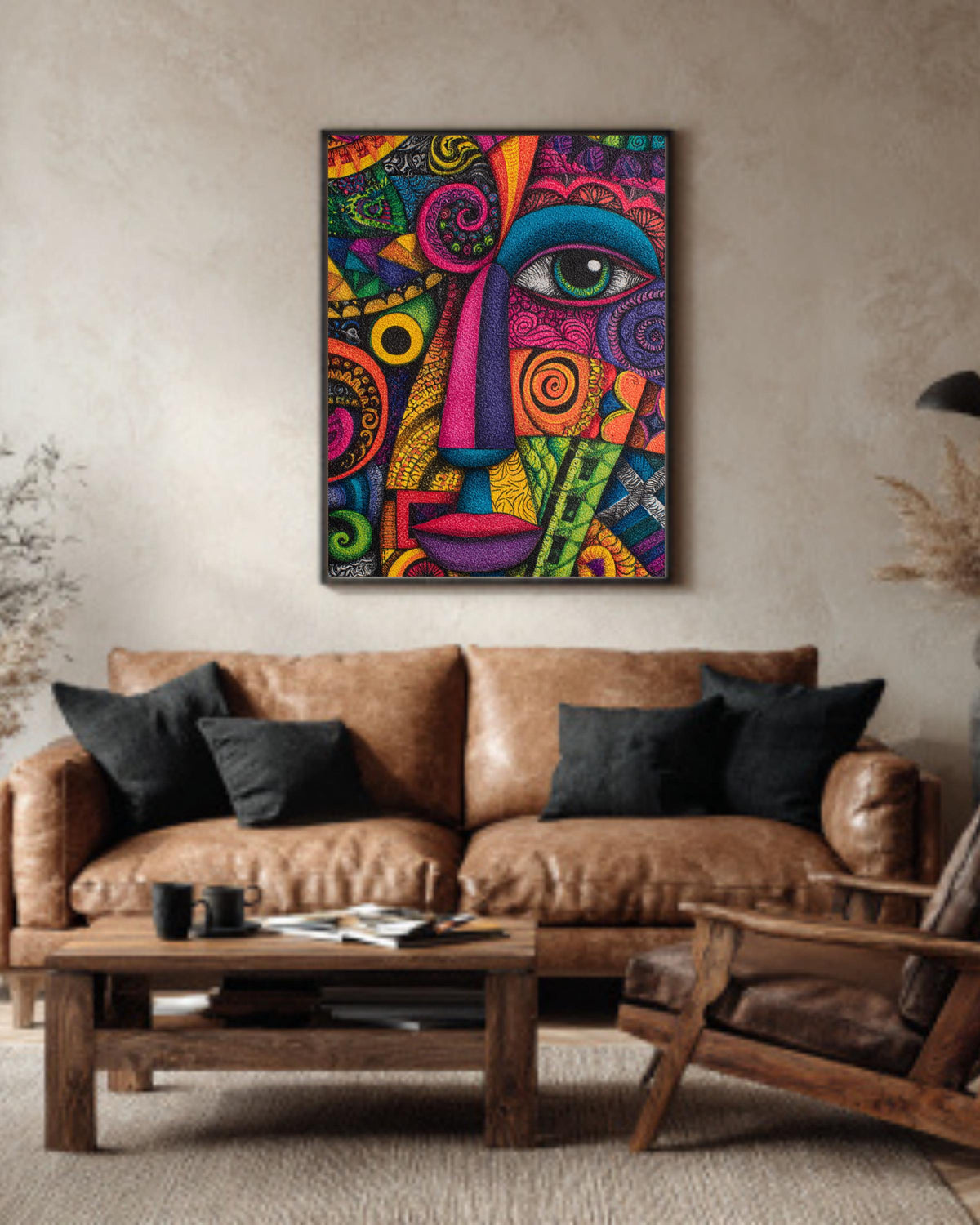 Colorful Abstract Face Wall Art, Psychedelic Geometric Portrait Poster Canvas, Modern Boho Expressionist Painting
