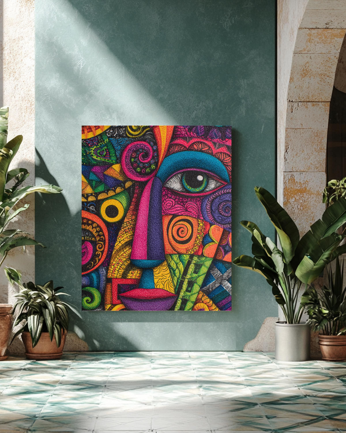 Colorful Abstract Face Wall Art, Psychedelic Geometric Portrait Poster Canvas, Modern Boho Expressionist Painting