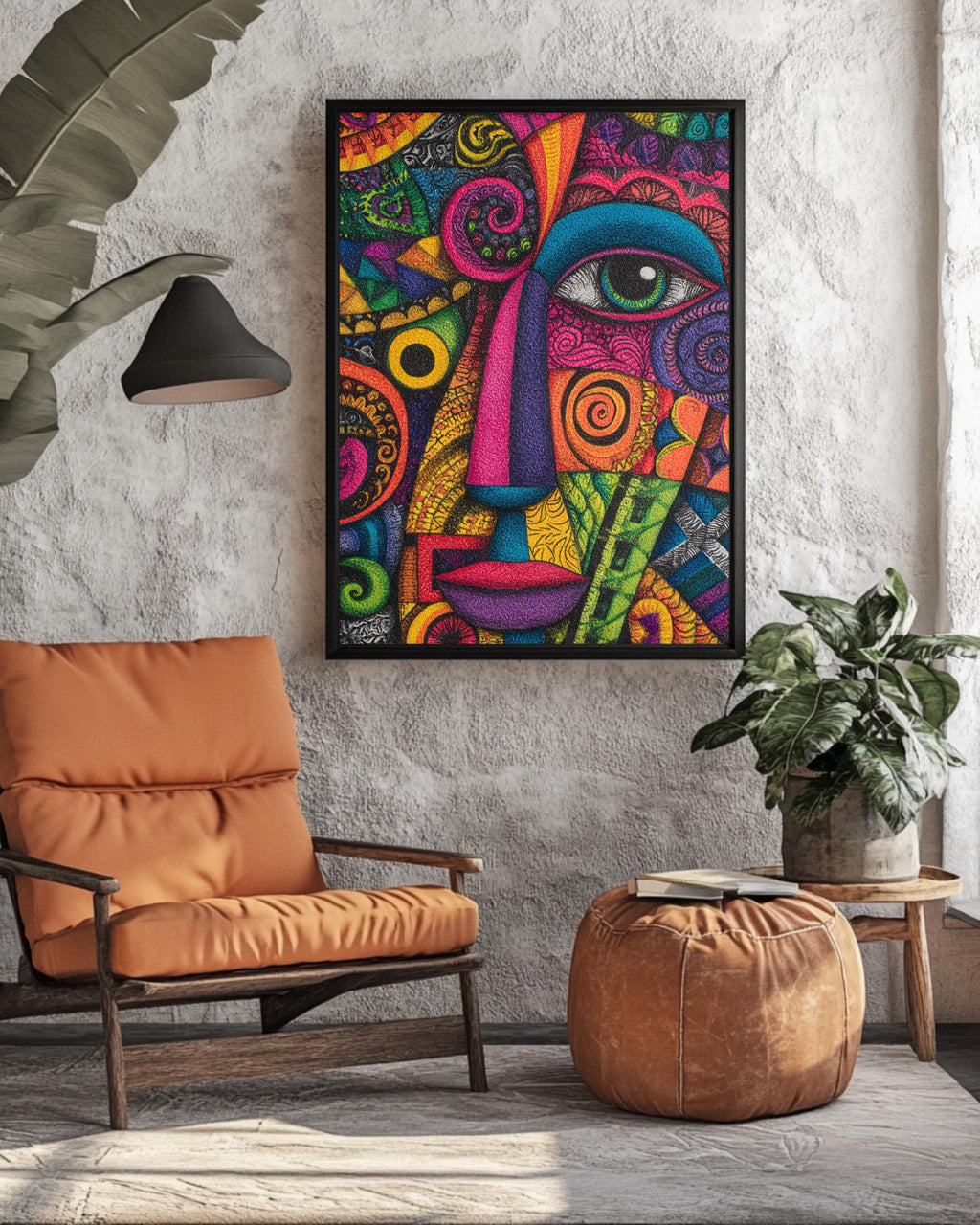 Colorful Abstract Face Wall Art, Psychedelic Geometric Portrait Poster Canvas, Modern Boho Expressionist Painting