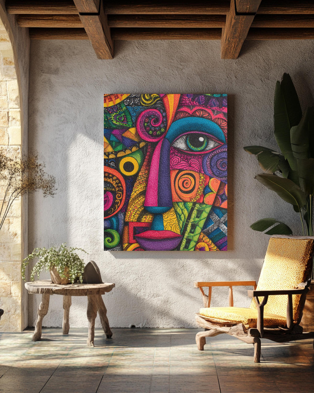 Colorful Abstract Face Wall Art, Psychedelic Geometric Portrait Poster Canvas, Modern Boho Expressionist Painting