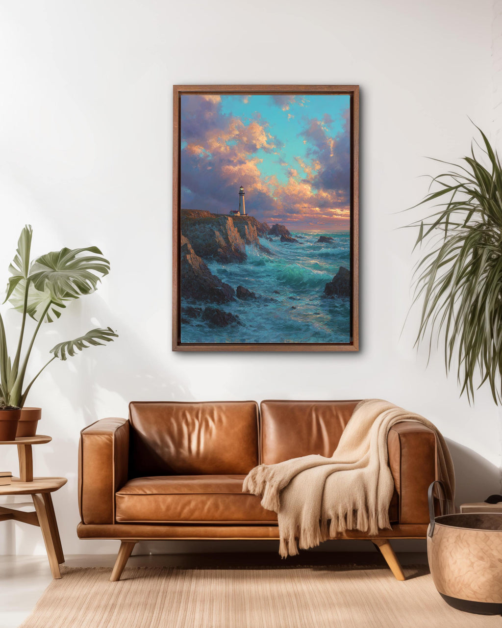 Dramatic Lighthouse Sunset Wall Art, Waves Crashing on Rocky Shore Oil Painting, Golden Sky Seascape Poster Canvas, Coastal Nautical Decor