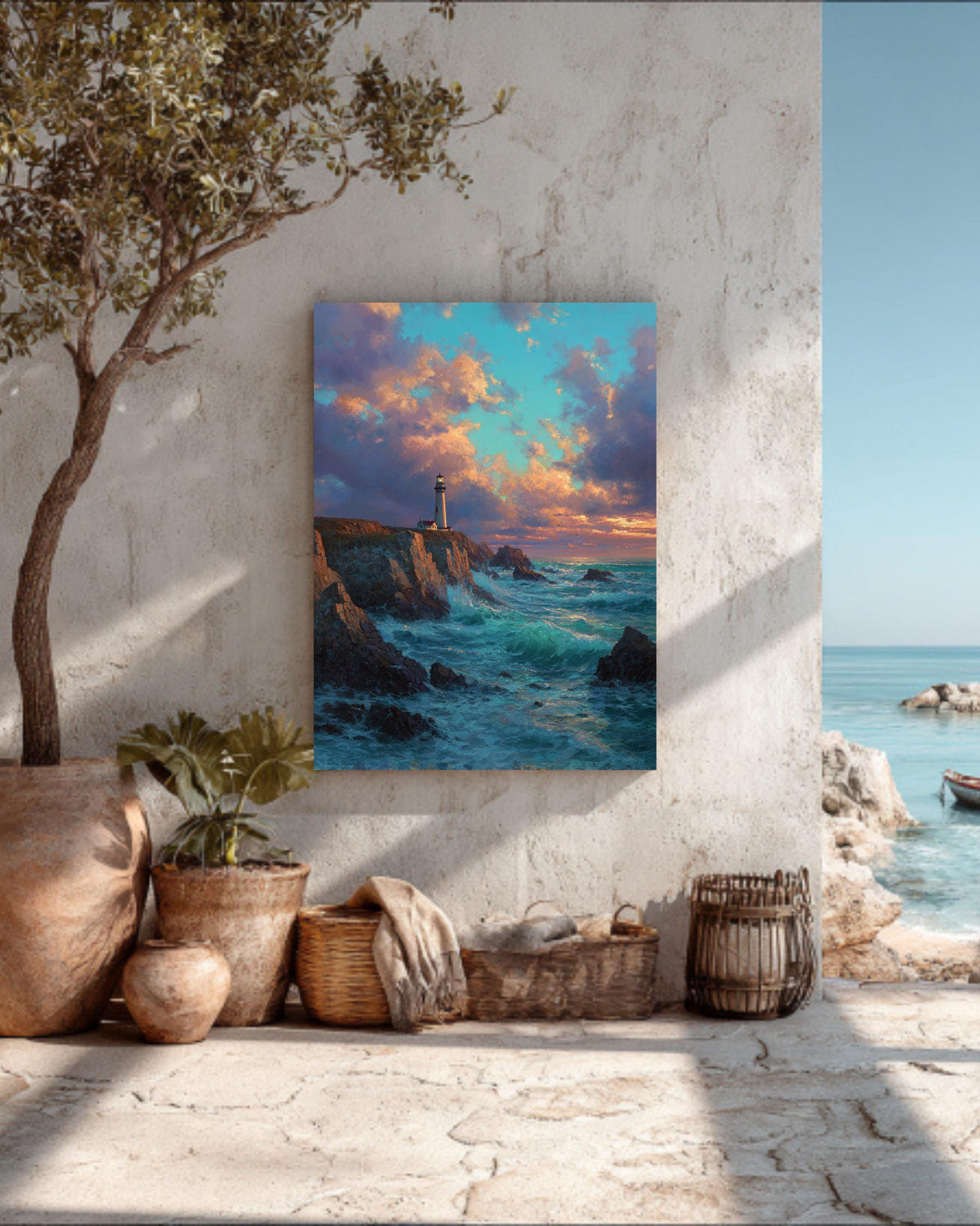 Dramatic Lighthouse Sunset Wall Art, Waves Crashing on Rocky Shore Oil Painting, Golden Sky Seascape Poster Canvas, Coastal Nautical Decor