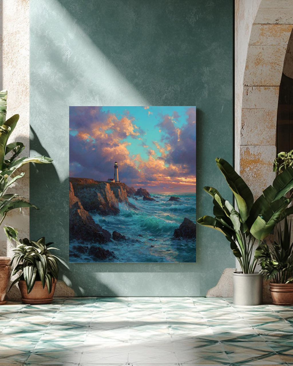 Dramatic Lighthouse Sunset Wall Art, Waves Crashing on Rocky Shore Oil Painting, Golden Sky Seascape Poster Canvas, Coastal Nautical Decor