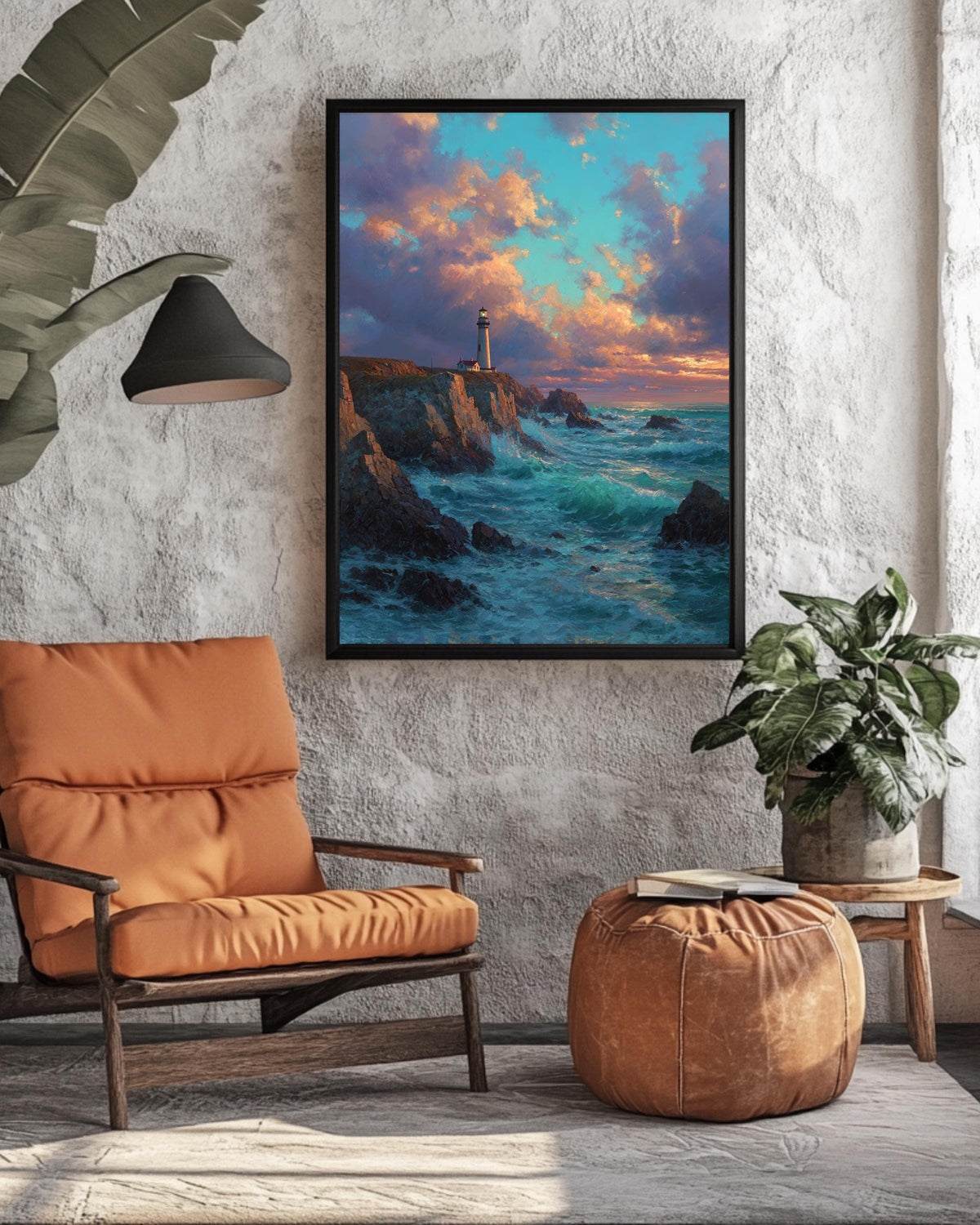 Dramatic Lighthouse Sunset Wall Art, Waves Crashing on Rocky Shore Oil Painting, Golden Sky Seascape Poster Canvas, Coastal Nautical Decor