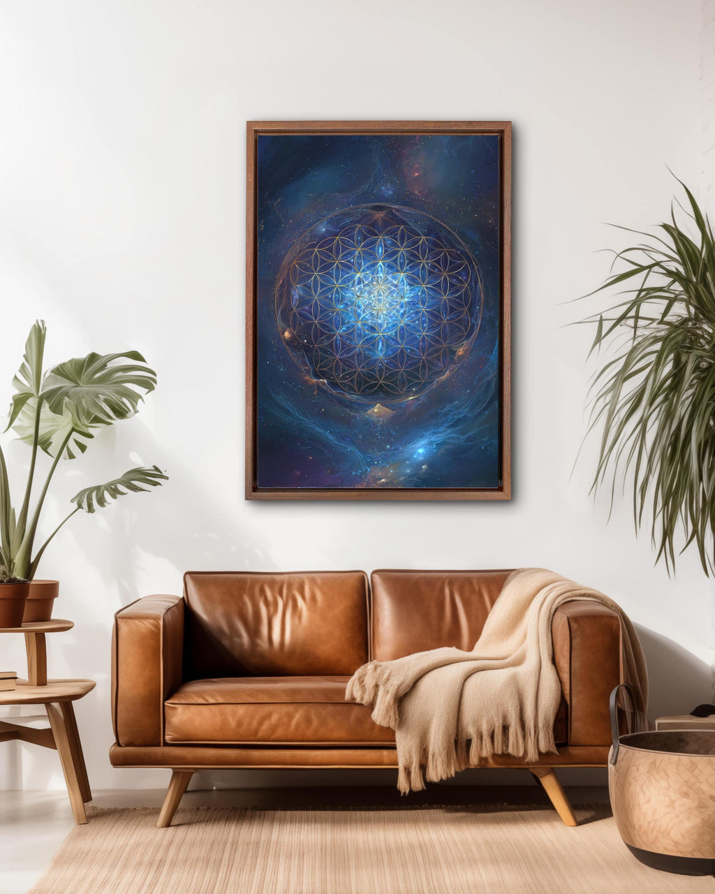 Flower of Life Sacred Geometry Wall Art, Blue Cosmic Energy Mandala Poster, Spiritual Universe Canvas, Metaphysical Meditation Room Decor