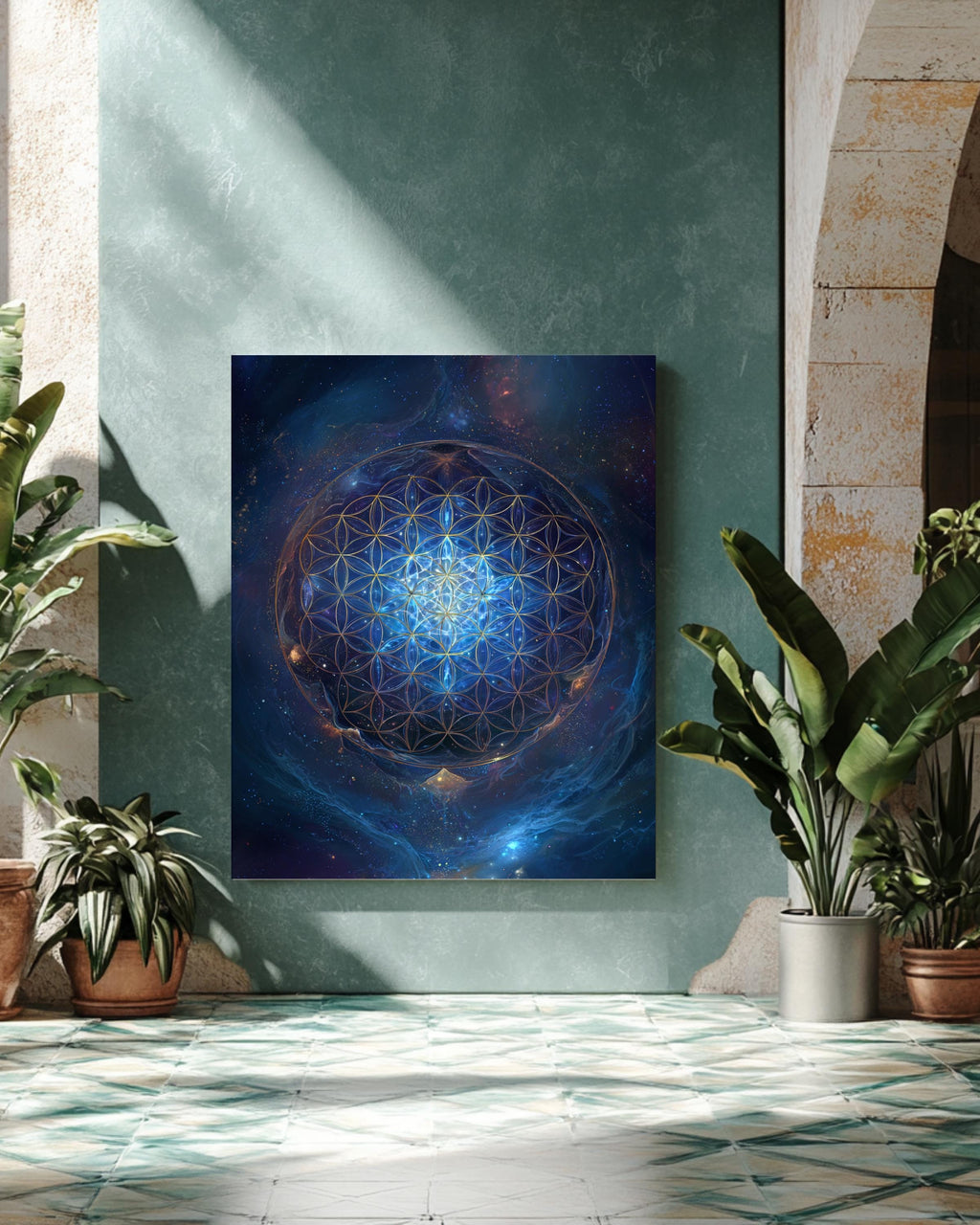 Flower of Life Sacred Geometry Wall Art, Blue Cosmic Energy Mandala Poster, Spiritual Universe Canvas, Metaphysical Meditation Room Decor