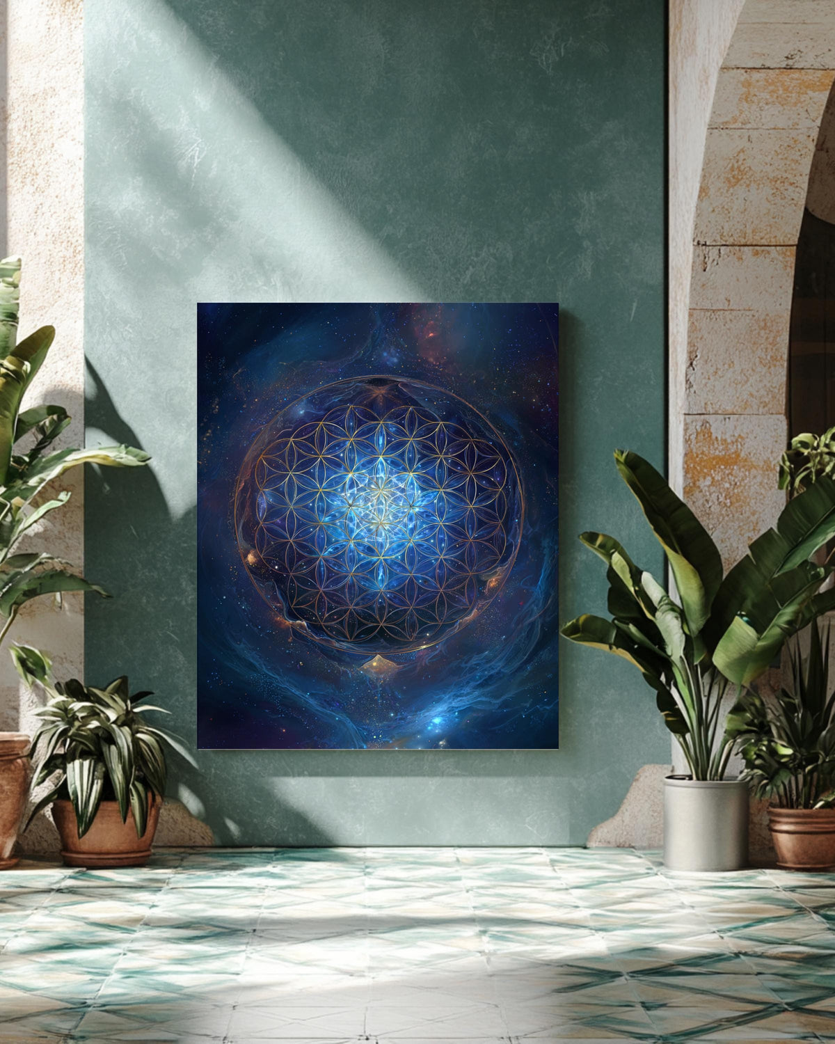Flower of Life Sacred Geometry Wall Art, Blue Cosmic Energy Mandala Poster, Spiritual Universe Canvas, Metaphysical Meditation Room Decor