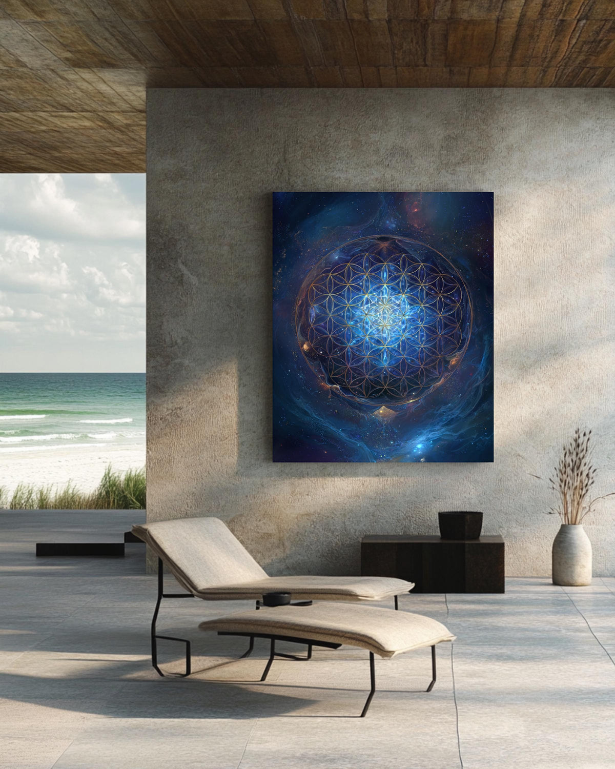 Flower of Life Sacred Geometry Wall Art, Blue Cosmic Energy Mandala Poster, Spiritual Universe Canvas, Metaphysical Meditation Room Decor