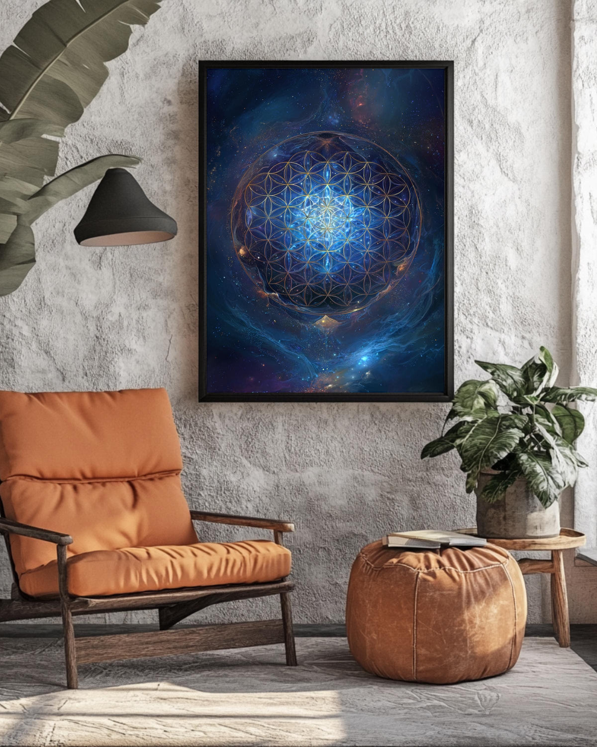 Flower of Life Sacred Geometry Wall Art, Blue Cosmic Energy Mandala Poster, Spiritual Universe Canvas, Metaphysical Meditation Room Decor