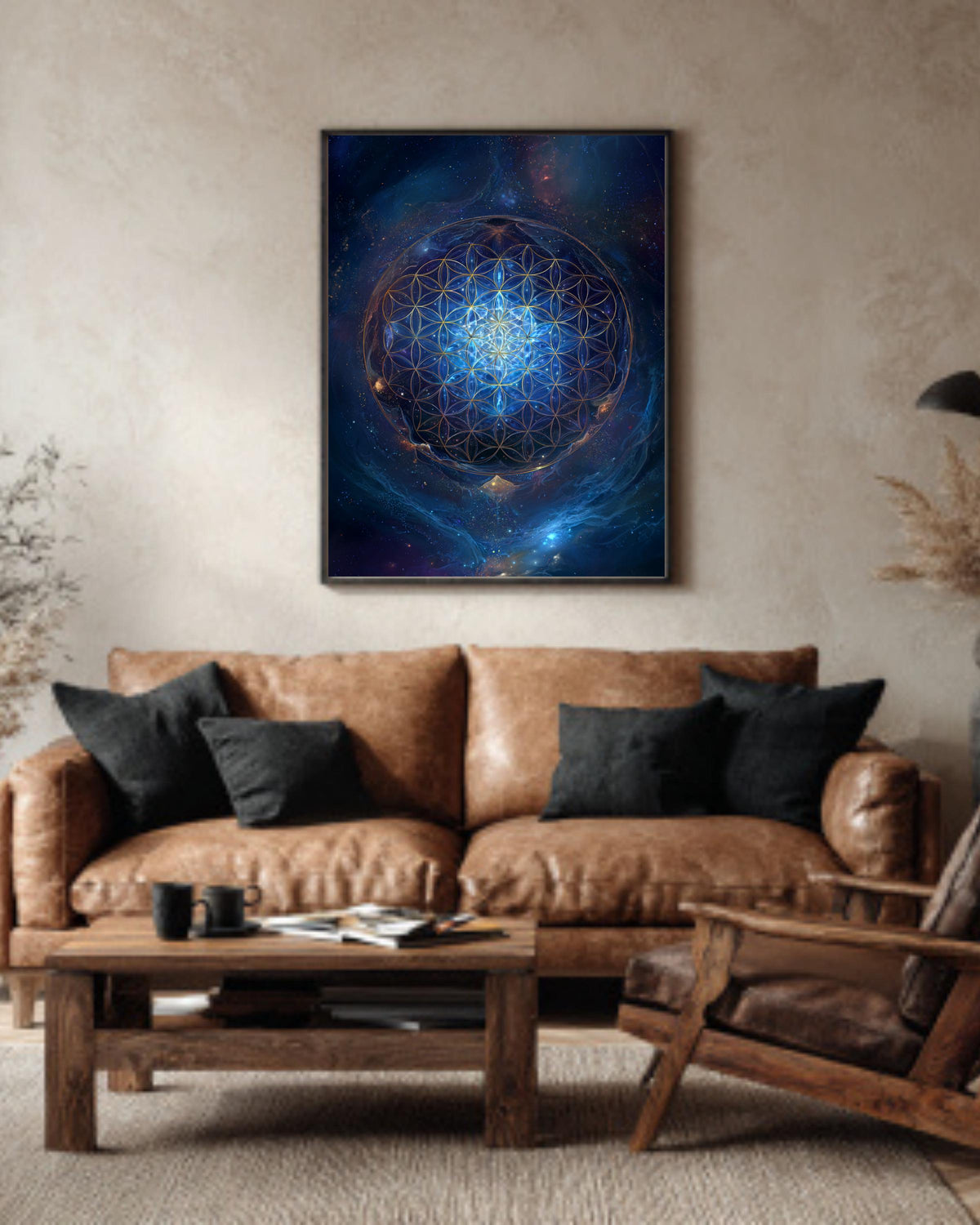 Flower of Life Sacred Geometry Wall Art, Blue Cosmic Energy Mandala Poster, Spiritual Universe Canvas, Metaphysical Meditation Room Decor