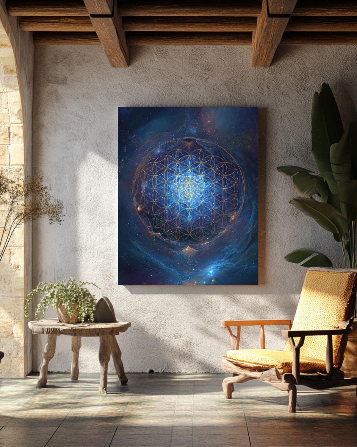 Flower of Life Sacred Geometry Wall Art, Blue Cosmic Energy Mandala Poster, Spiritual Universe Canvas, Metaphysical Meditation Room Decor