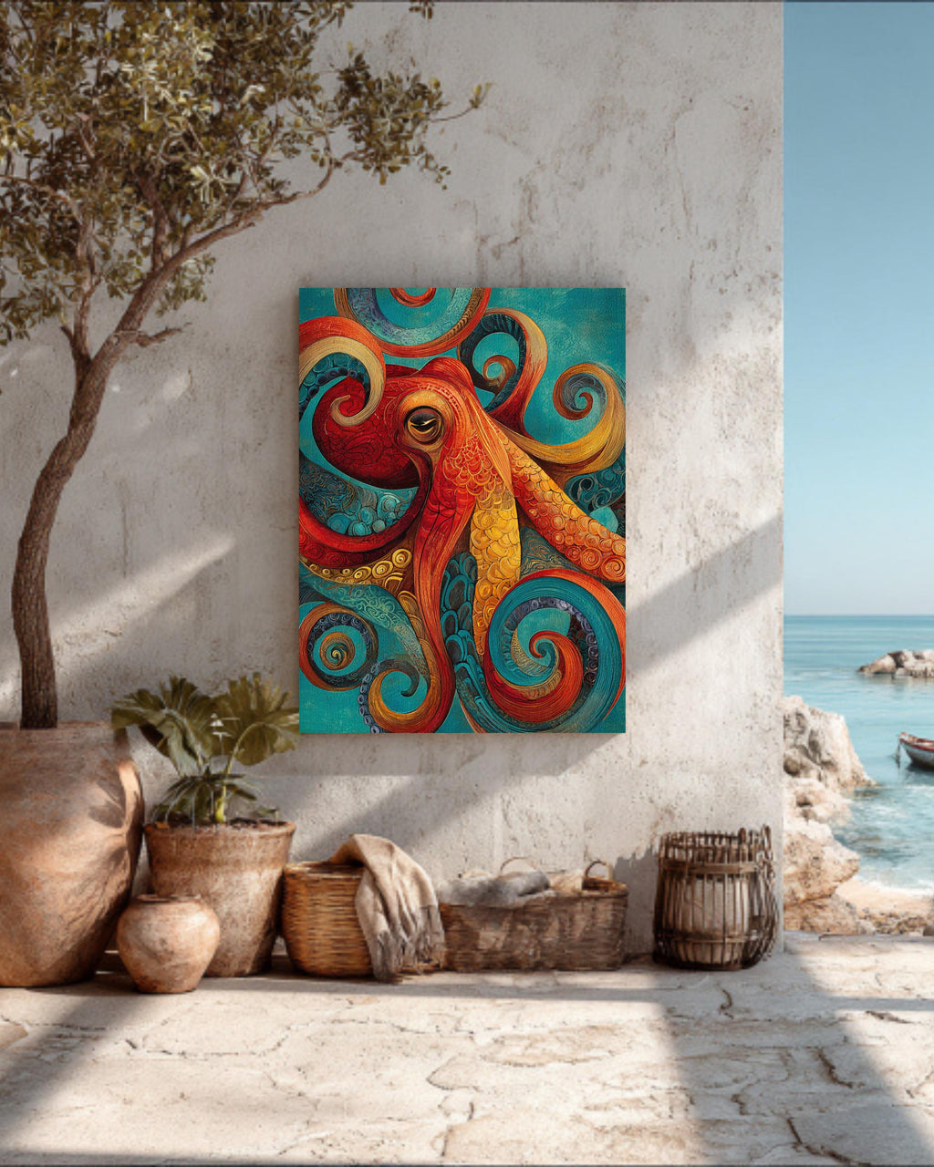 Colorful Octopus Wall Art, Abstract Ocean Animal Painting with Red Orange Yellow Turquoise Swirls, Coastal Nautical Sea Life Poster Canvas