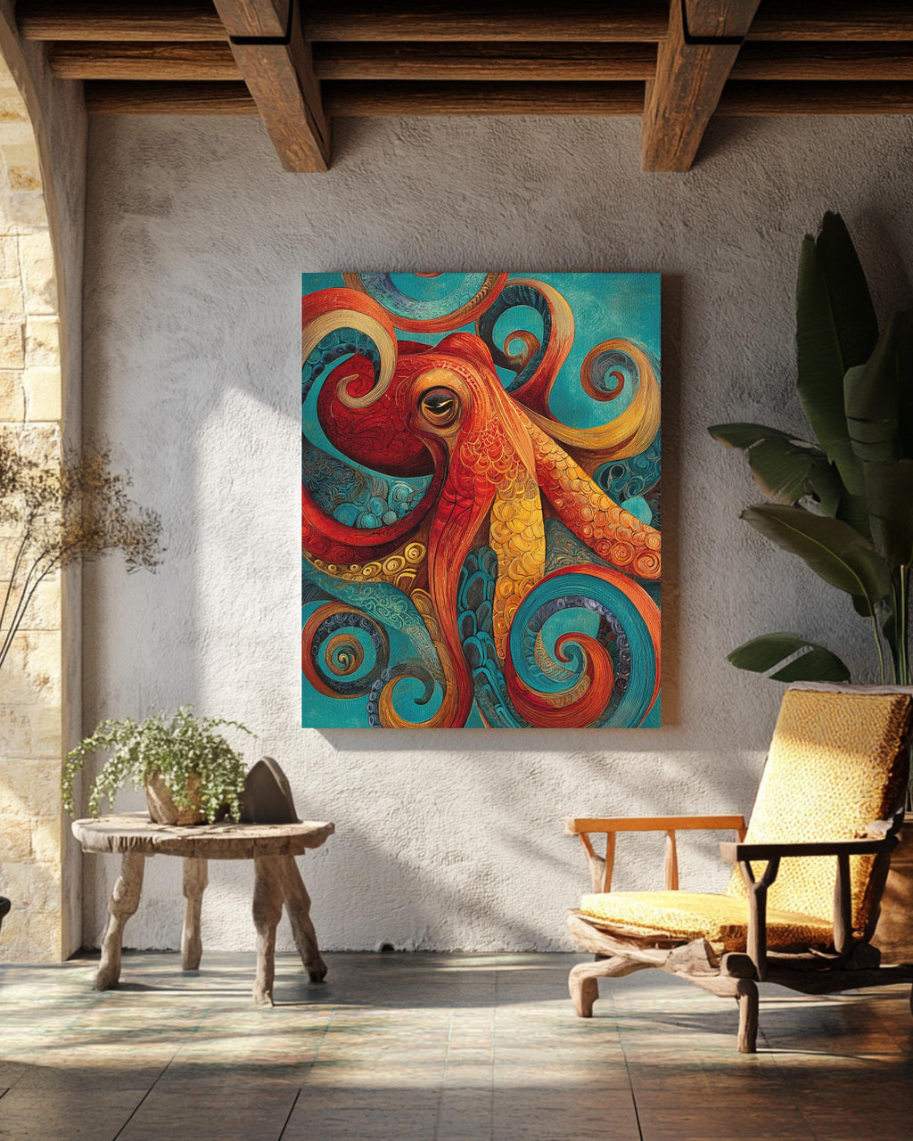 Colorful Octopus Wall Art, Abstract Ocean Animal Painting with Red Orange Yellow Turquoise Swirls, Coastal Nautical Sea Life Poster Canvas