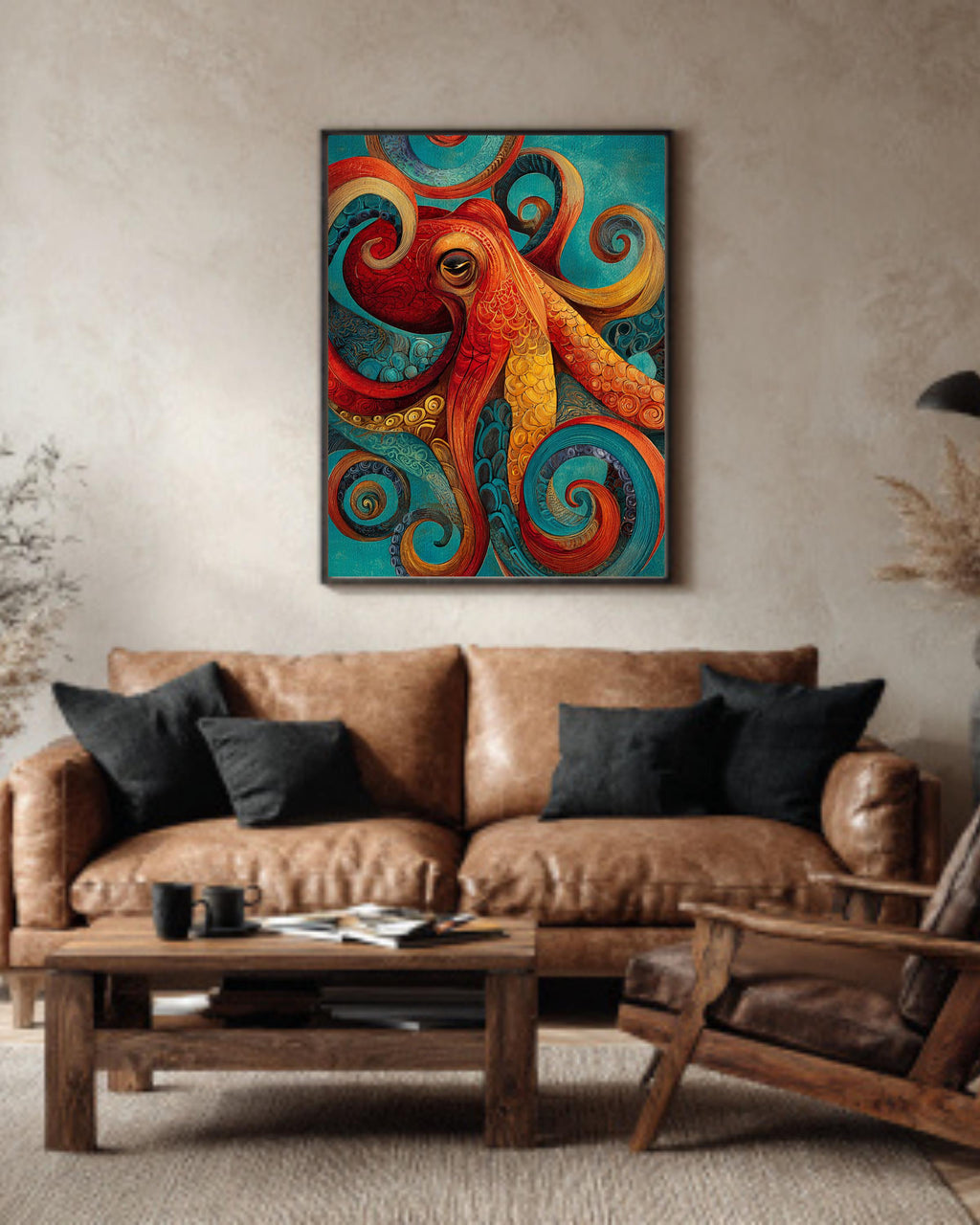 Colorful Octopus Wall Art, Abstract Ocean Animal Painting with Red Orange Yellow Turquoise Swirls, Coastal Nautical Sea Life Poster Canvas
