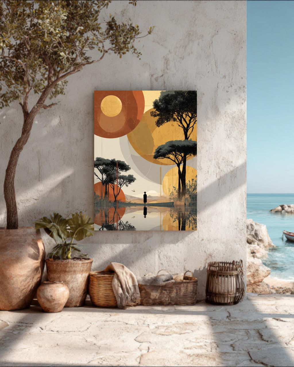 African Landscape Surreal Art, Woman Walking on Water Toward Figure, Abstract Sunset Poster Canvas, Beige Gold Red Minimalist