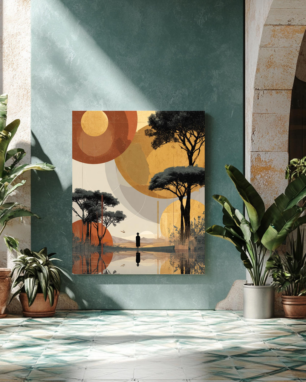 African Landscape Surreal Art, Woman Walking on Water Toward Figure, Abstract Sunset Poster Canvas, Beige Gold Red Minimalist