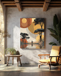African Landscape Surreal Art, Woman Walking on Water Toward Figure, Abstract Sunset Poster Canvas, Beige Gold Red Minimalist