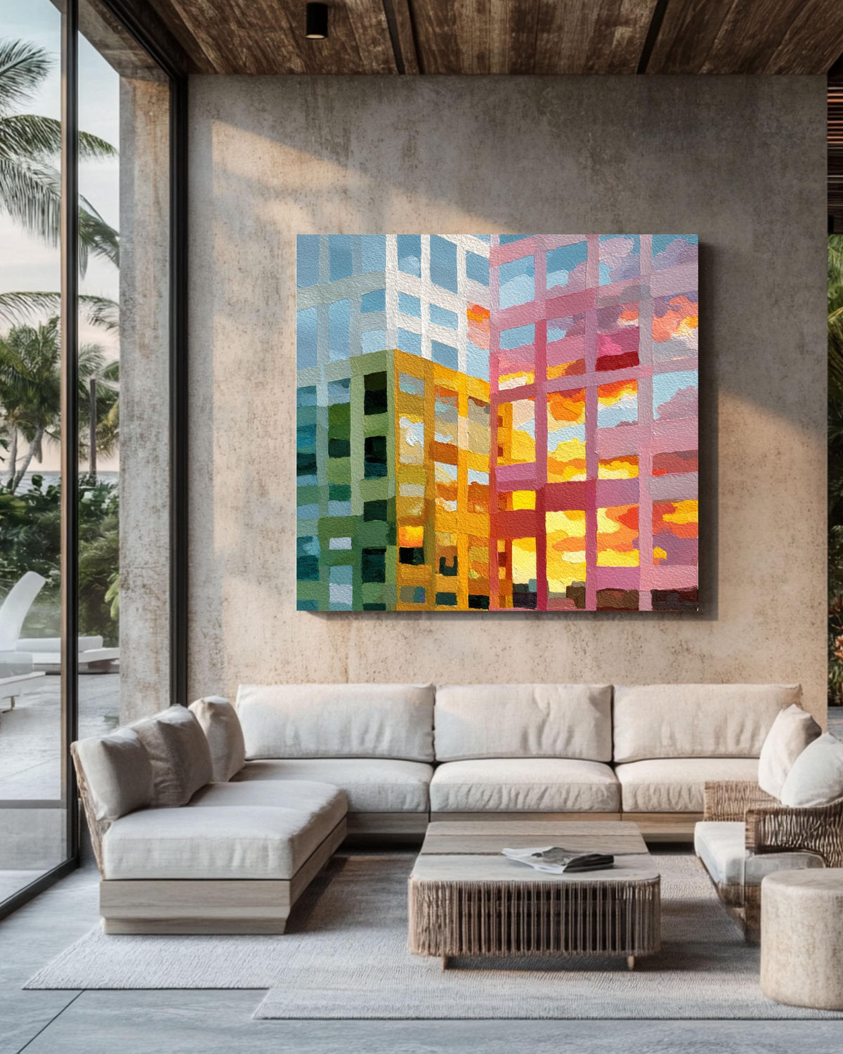 Abstract Cityscape Painting Canvas, Colorful Building Reflection Art, Modern Grid Architecture Print, Sunset Urban Wall Decor