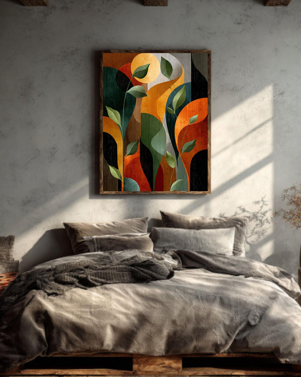 Abstract Art Deco Botanical Print, Mid-Century Modern Leaves Canvas, Earth Tone Geometric Art, Retro Style Wall Decor