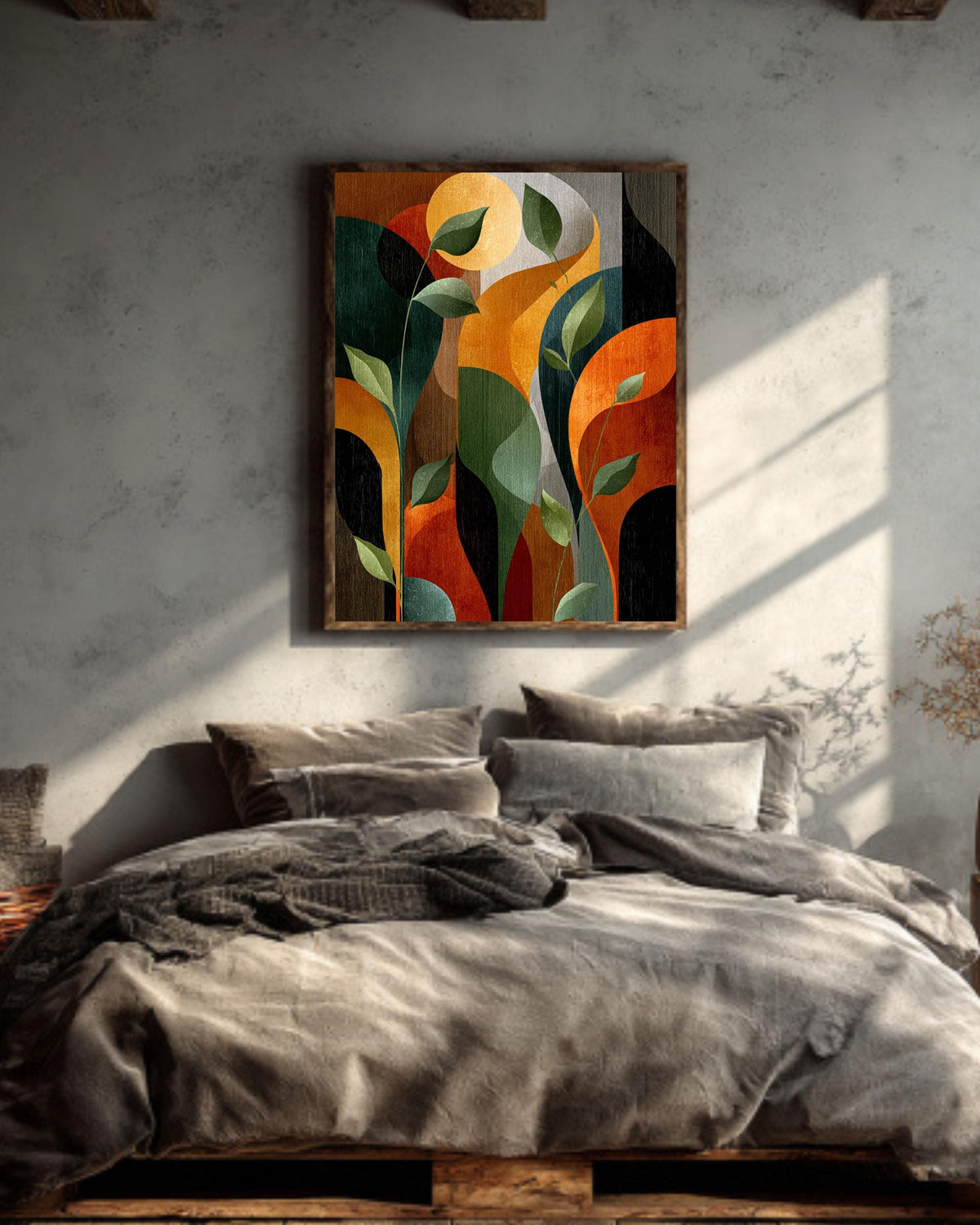 Abstract Art Deco Botanical Print, Mid-Century Modern Leaves Canvas, Earth Tone Geometric Art, Retro Style Wall Decor