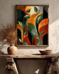 Abstract Art Deco Botanical Print, Mid-Century Modern Leaves Canvas, Earth Tone Geometric Art, Retro Style Wall Decor