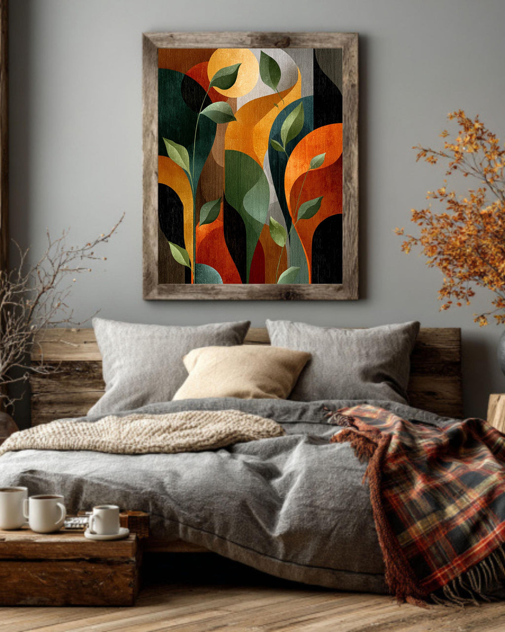 Abstract Art Deco Botanical Print, Mid-Century Modern Leaves Canvas, Earth Tone Geometric Art, Retro Style Wall Decor
