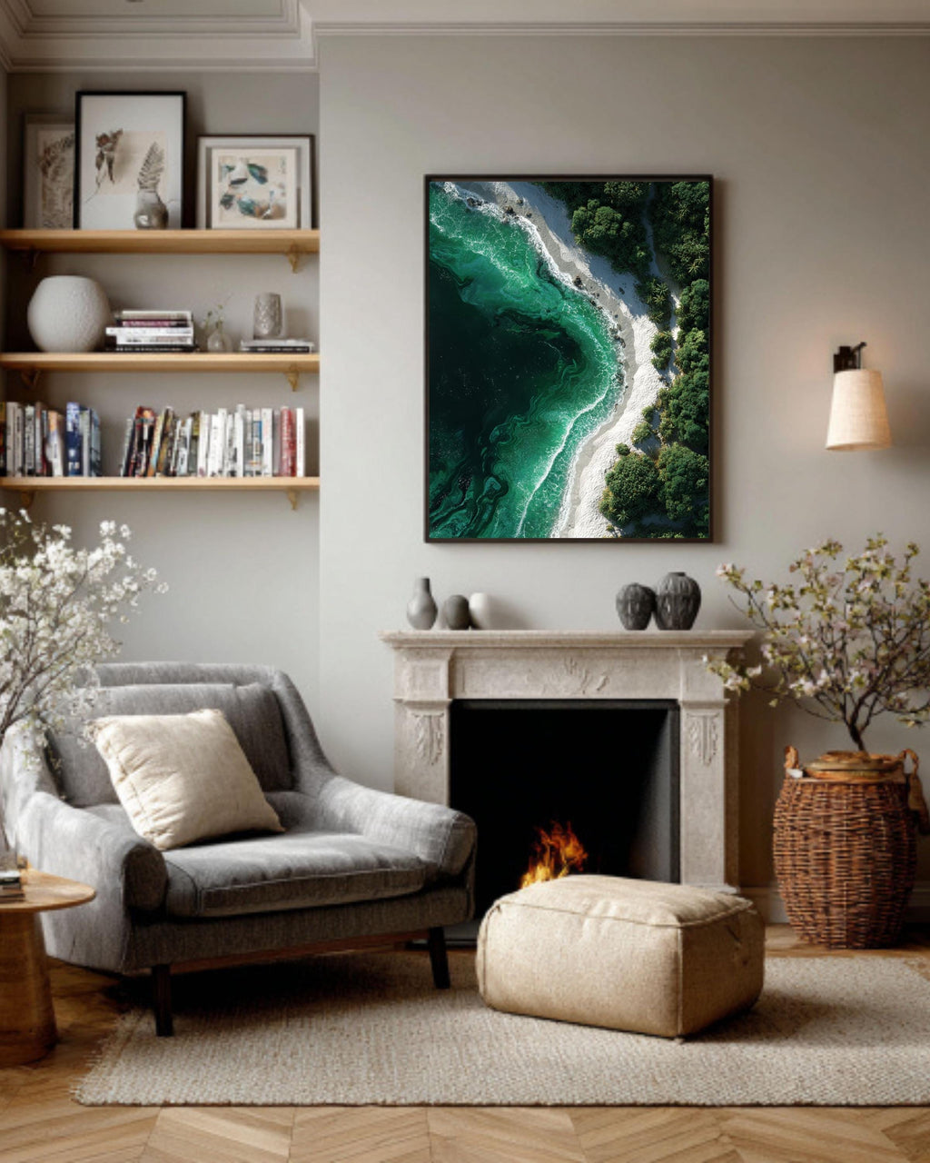 Aerial Tropical Beach Canvas, White Sand and Emerald Green Ocean Waves Print, Exotic Island Nature Wall Decor