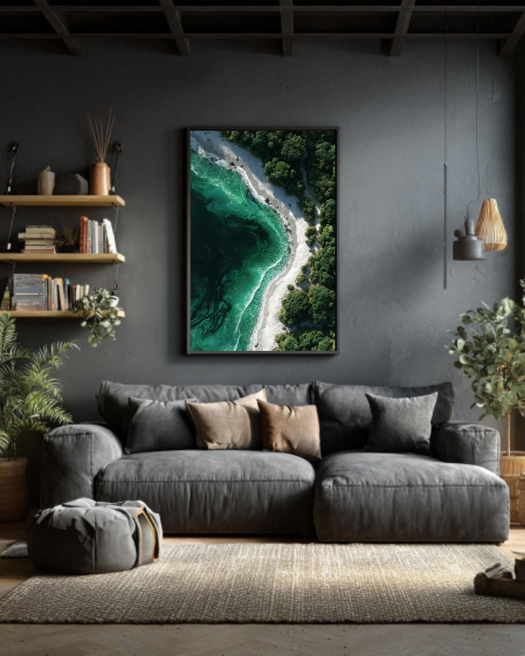 Aerial Tropical Beach Canvas, White Sand and Emerald Green Ocean Waves Print, Exotic Island Nature Wall Decor
