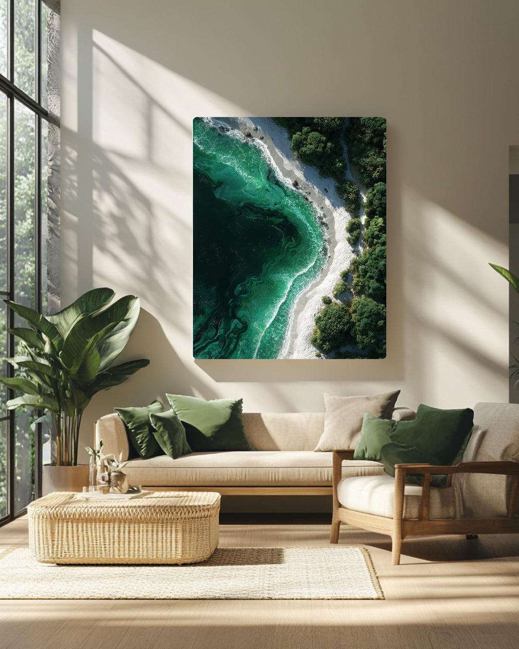 Aerial Tropical Beach Canvas, White Sand and Emerald Green Ocean Waves Print, Exotic Island Nature Wall Decor