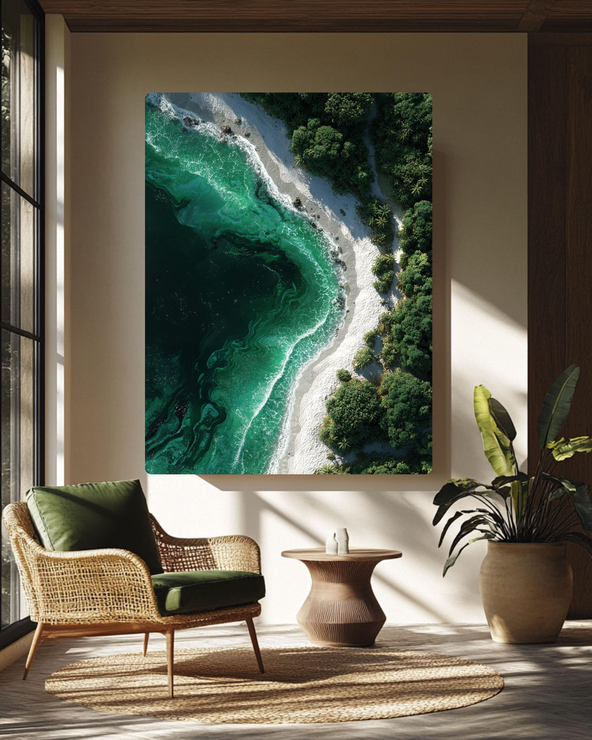 Aerial Tropical Beach Canvas, White Sand and Emerald Green Ocean Waves Print, Exotic Island Nature Wall Decor