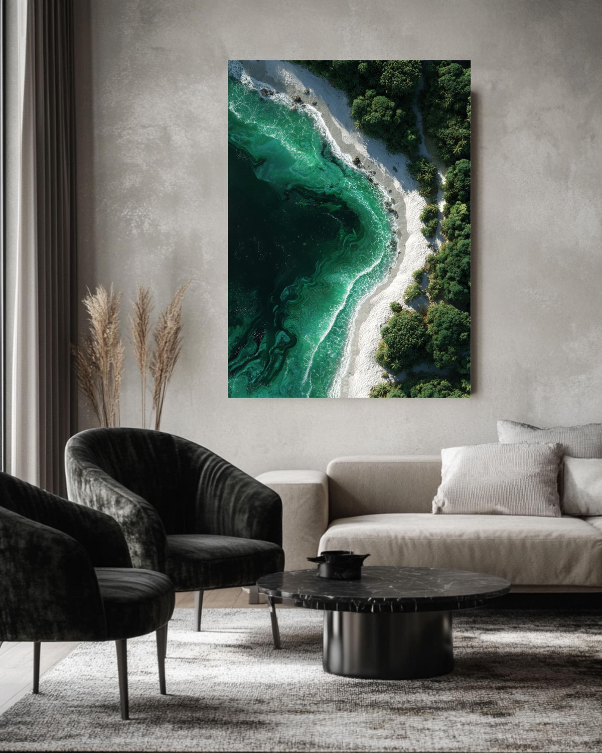 Aerial Tropical Beach Canvas, White Sand and Emerald Green Ocean Waves Print, Exotic Island Nature Wall Decor