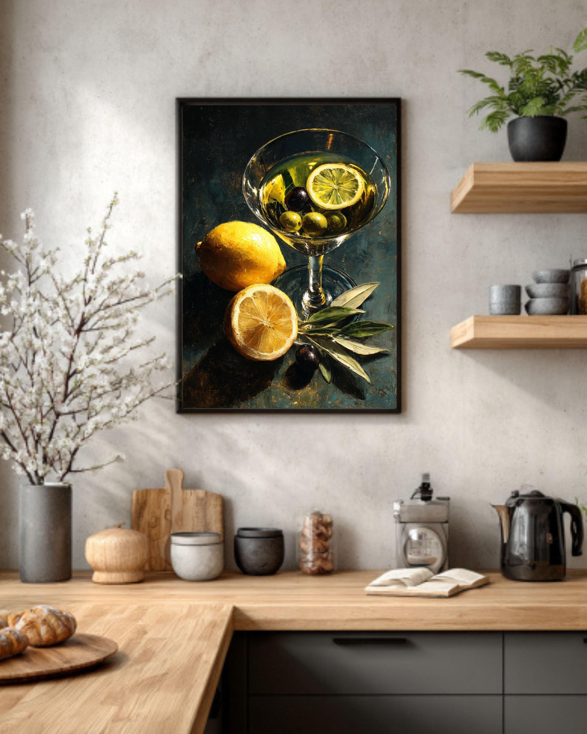 Classic Martini Still Life Oil Painting, Lemon and Olives Cocktail Art Canvas, Dark Modern Kitchen Bar Decor