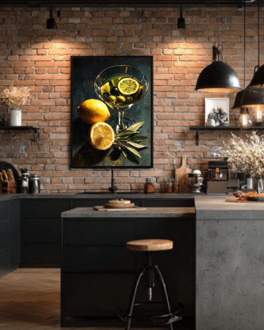 Classic Martini Still Life Oil Painting, Lemon and Olives Cocktail Art Canvas, Dark Modern Kitchen Bar Decor