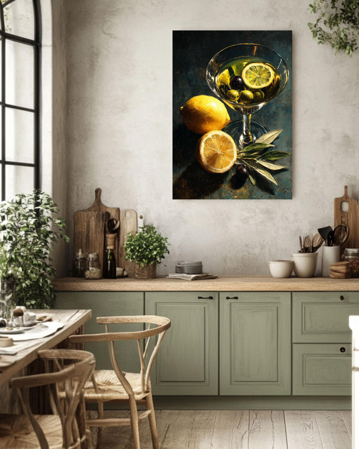 Classic Martini Still Life Oil Painting, Lemon and Olives Cocktail Art Canvas, Dark Modern Kitchen Bar Decor