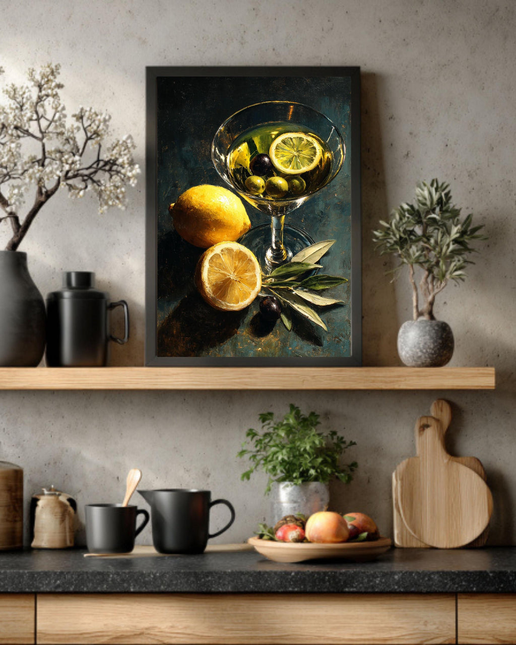 Classic Martini Still Life Oil Painting, Lemon and Olives Cocktail Art Canvas, Dark Modern Kitchen Bar Decor