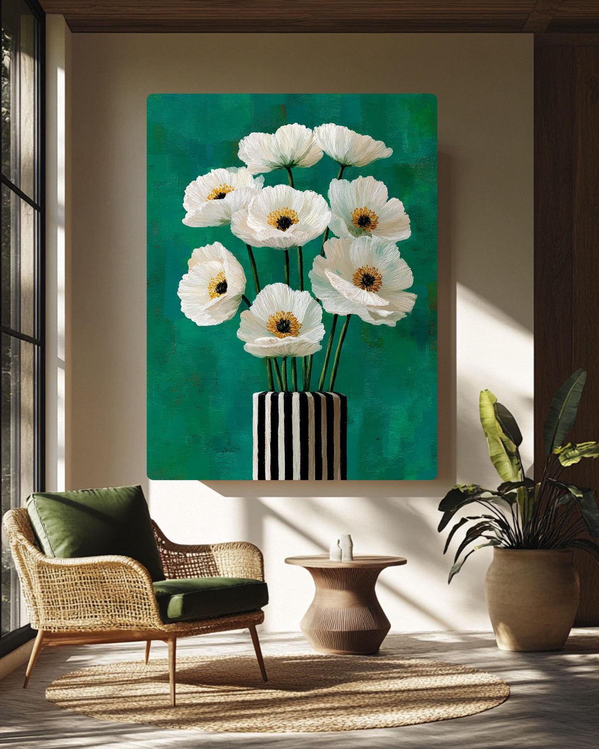 White Poppy Flowers Painting, Black and White Striped Vase Art, Teal Green Background Modern Floral Canvas Decor