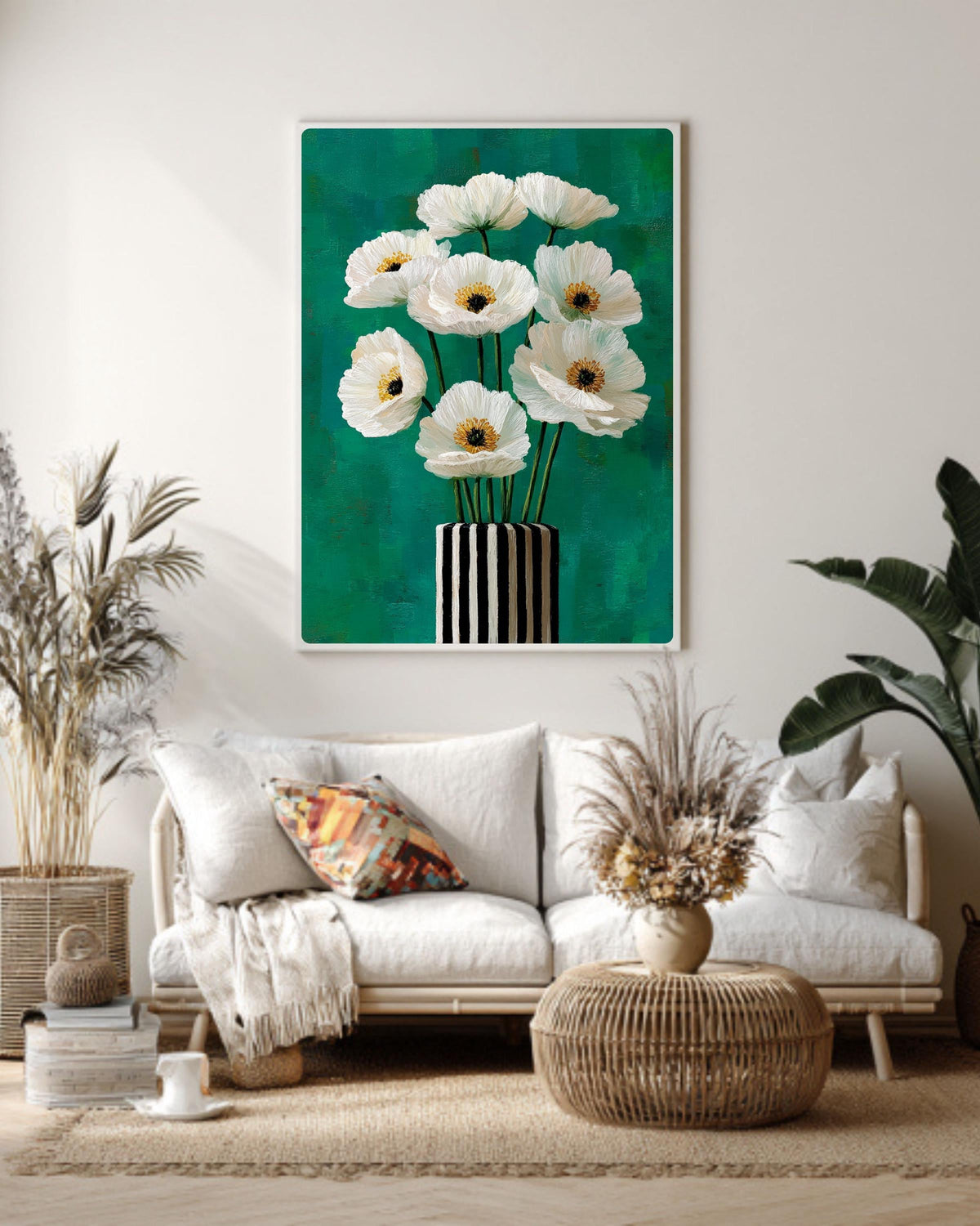 White Poppy Flowers Painting, Black and White Striped Vase Art, Teal Green Background Modern Floral Canvas Decor