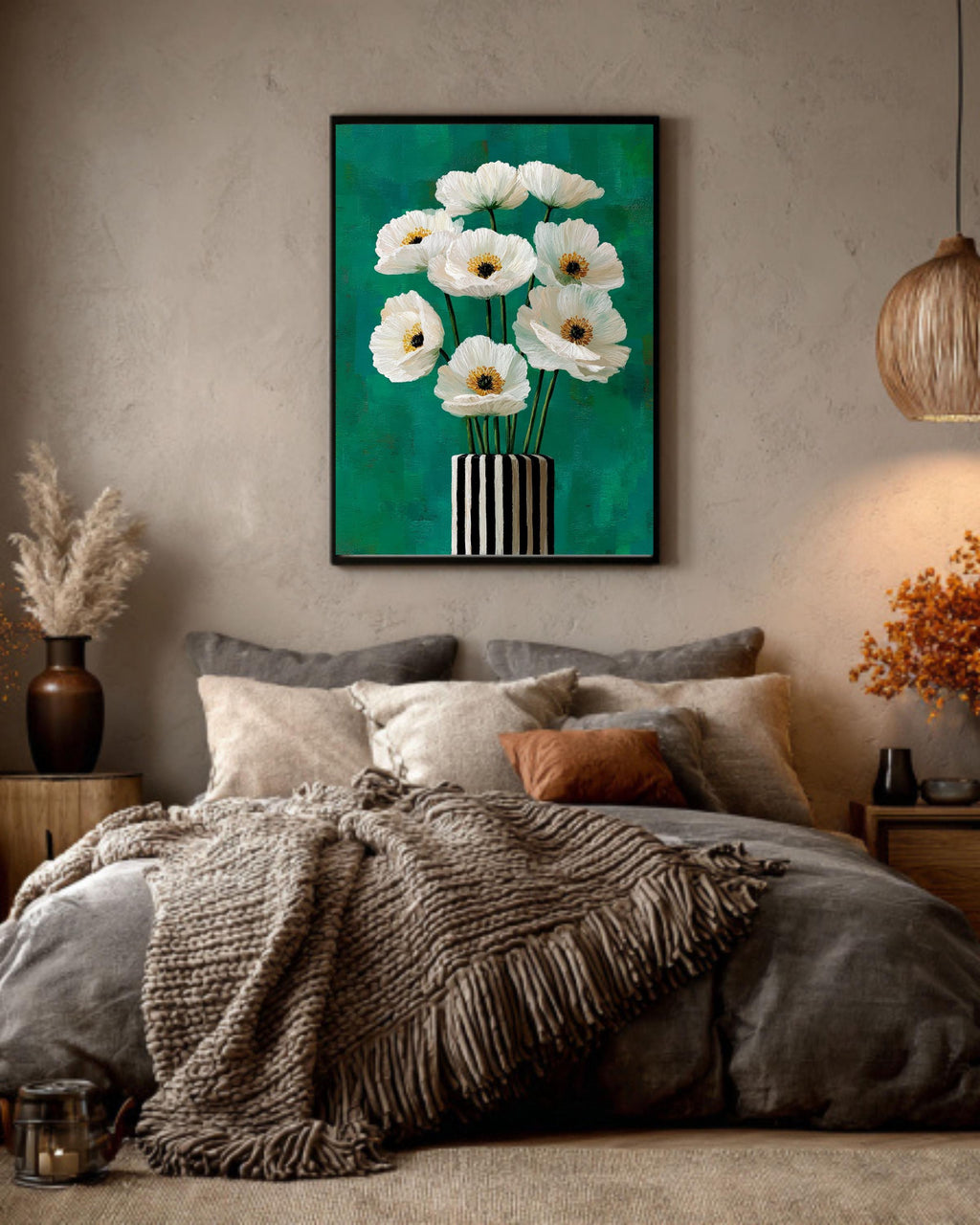 White Poppy Flowers Painting, Black and White Striped Vase Art, Teal Green Background Modern Floral Canvas Decor
