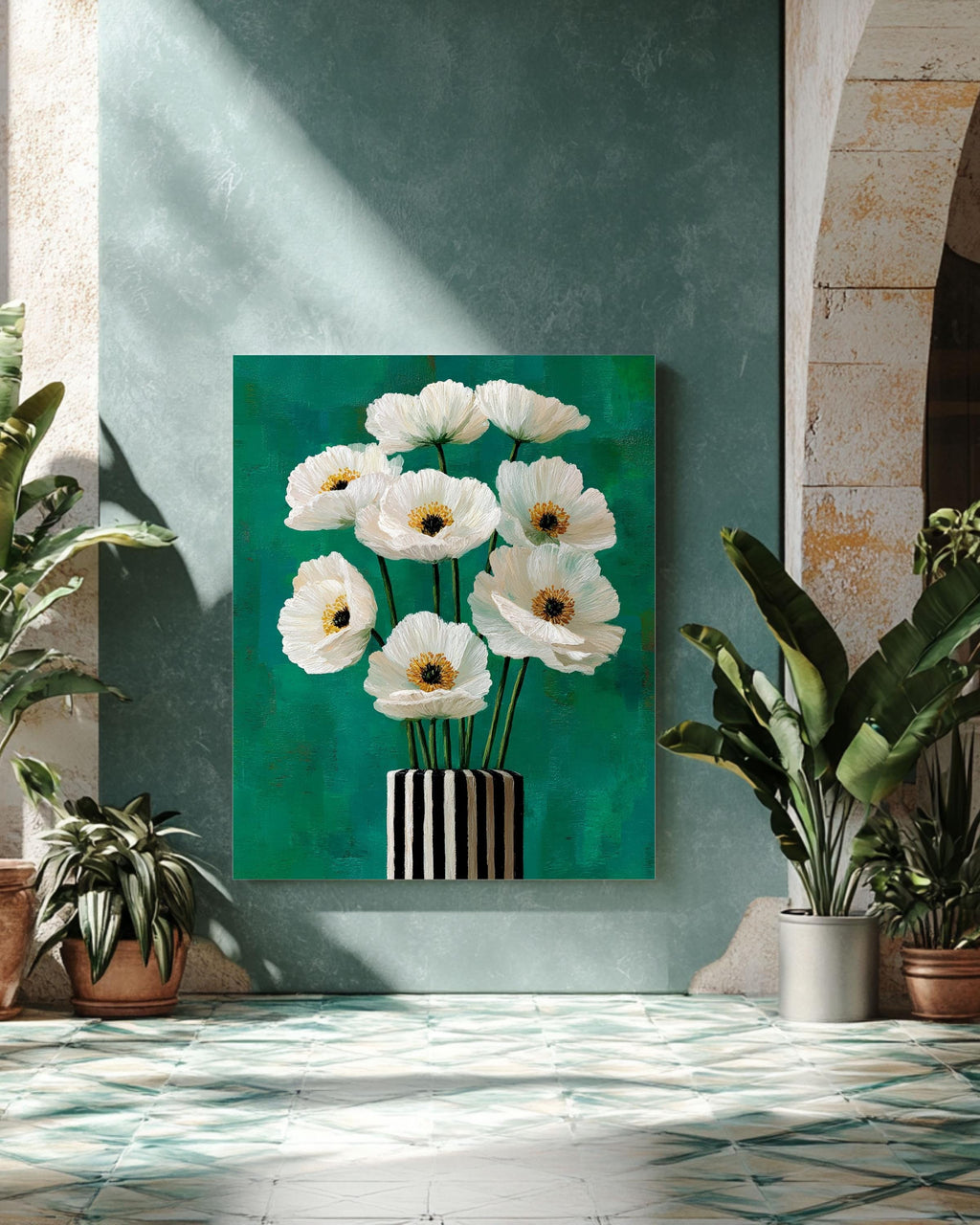 White Poppy Flowers Painting, Black and White Striped Vase Art, Teal Green Background Modern Floral Canvas Decor