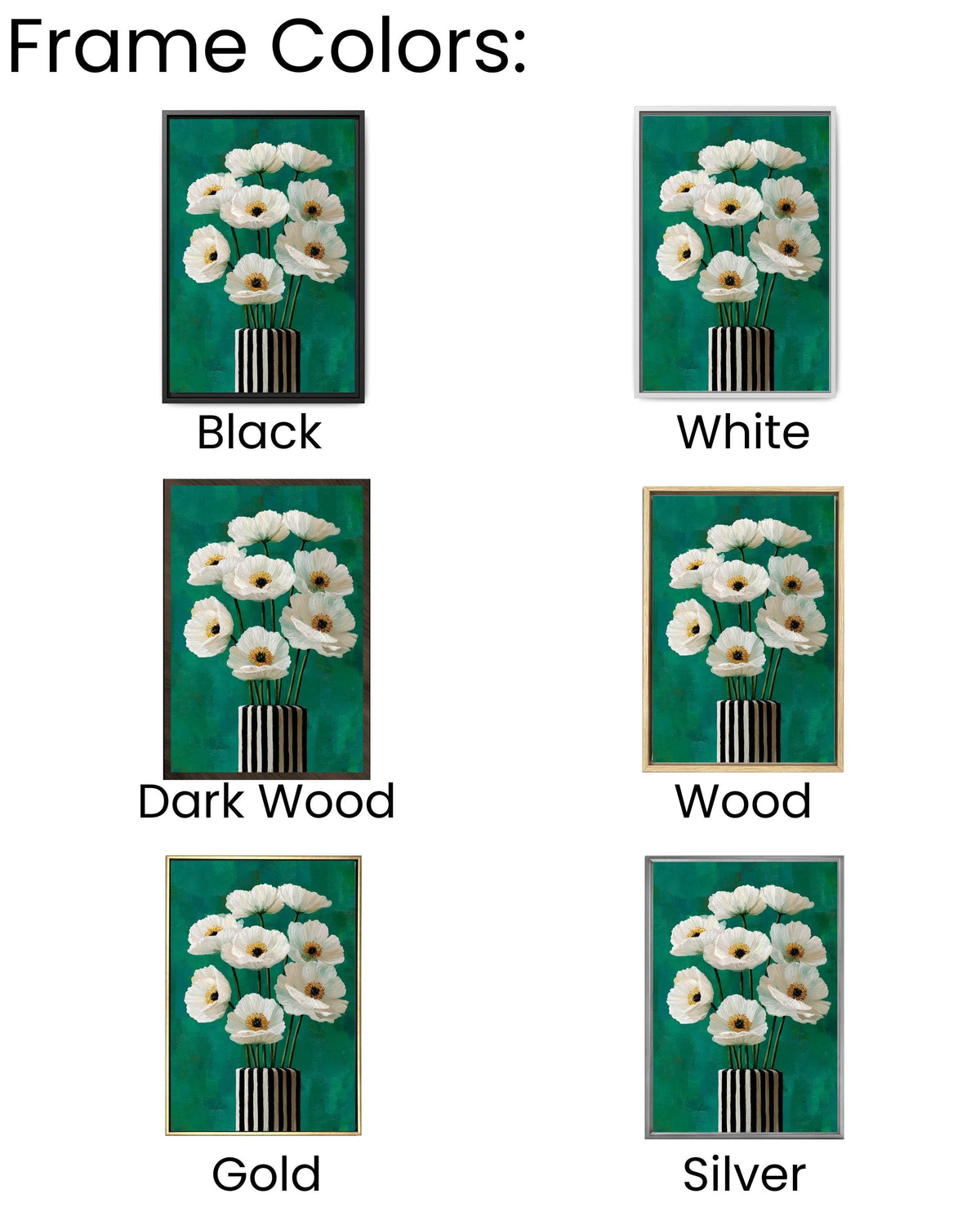 White Poppy Flowers Painting, Black and White Striped Vase Art, Teal Green Background Modern Floral Canvas Decor