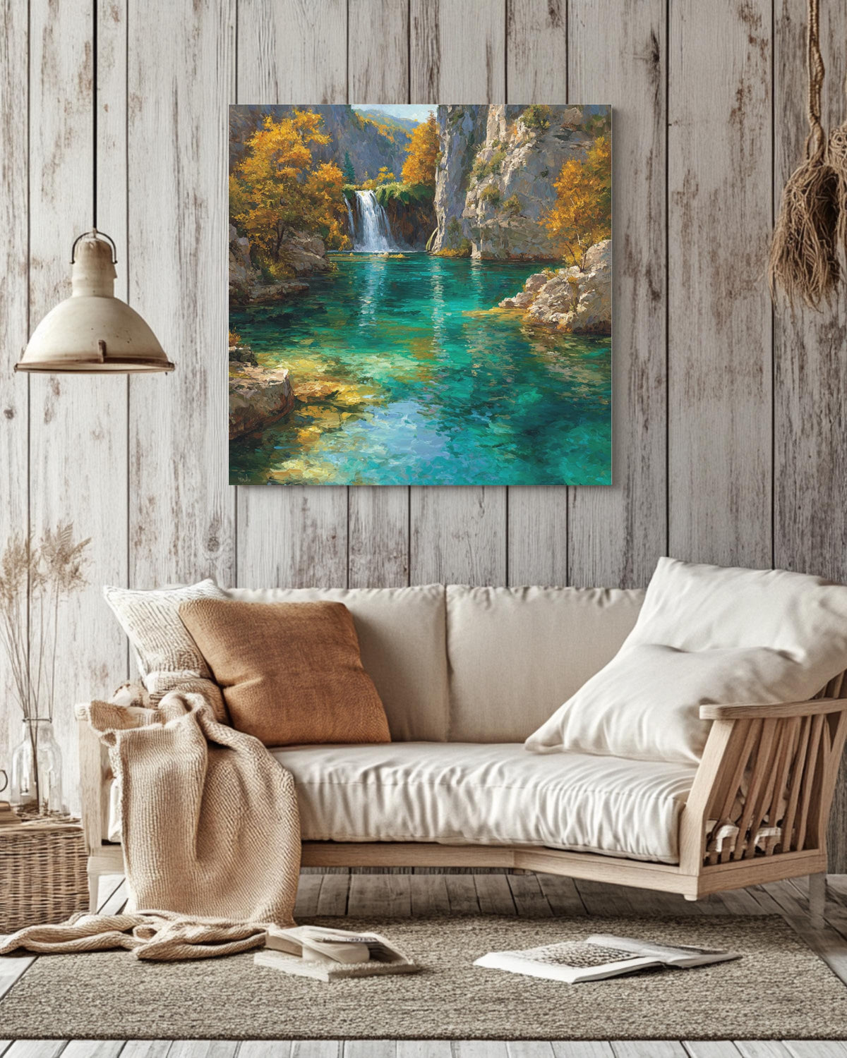 Turquoise Waterfall Canyon Landscape Painting, Vibrant Autumn Forest Lake Wall Art, Tranquil Nature Scenic Poster Canv
