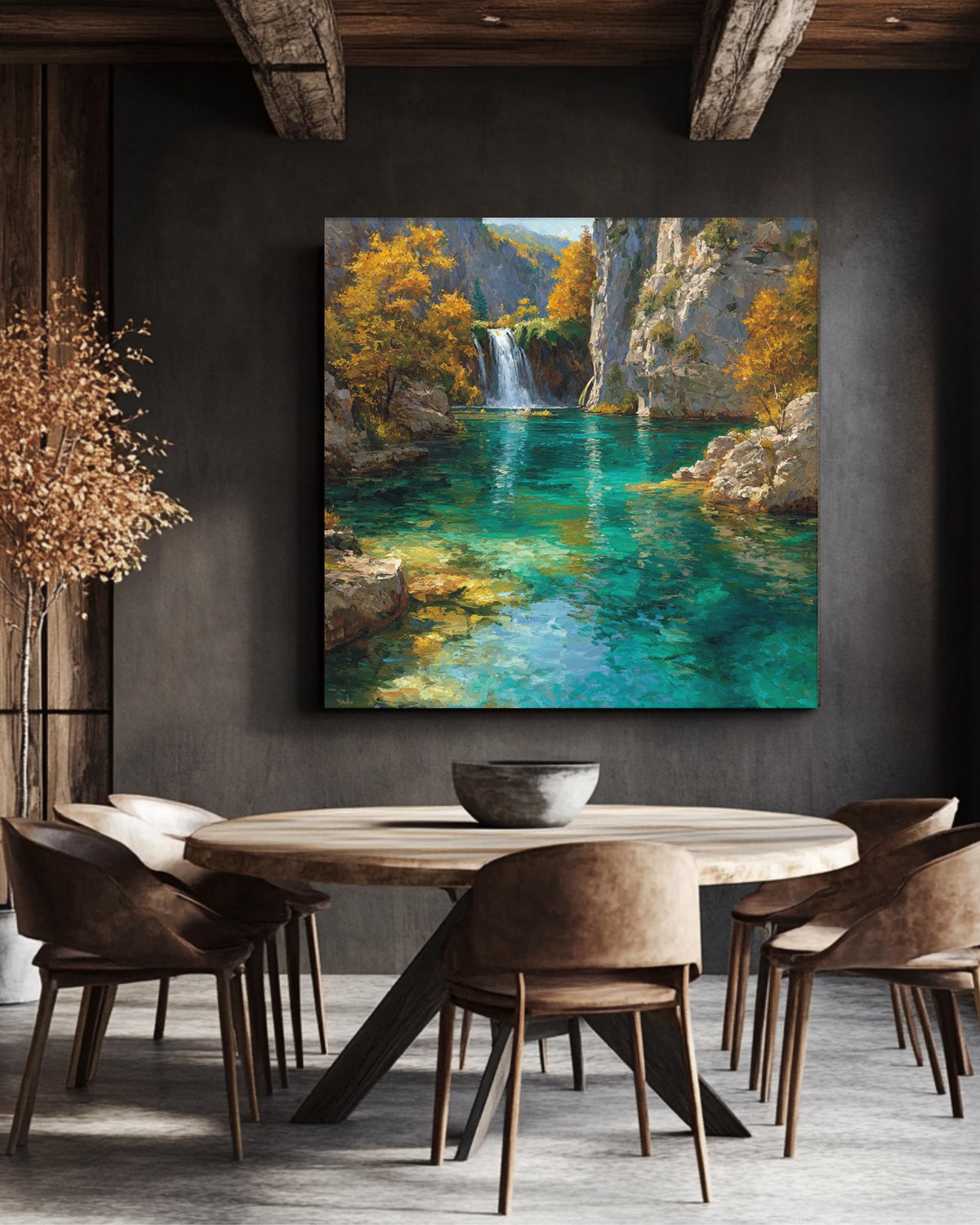 Turquoise Waterfall Canyon Landscape Painting, Vibrant Autumn Forest Lake Wall Art, Tranquil Nature Scenic Poster Canv